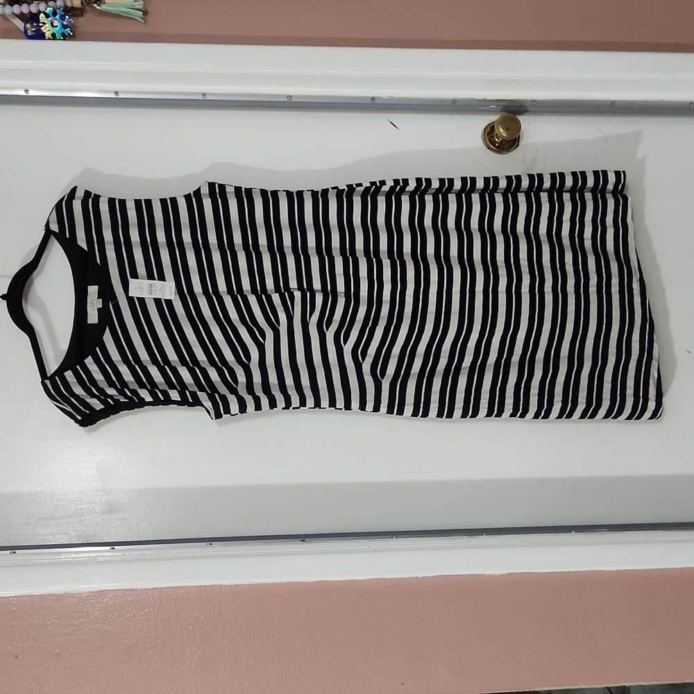 LOFT Black and Beige Striped Patterned Dress